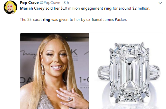 Mariah Carey vende l'anello di fidanzamento a 3 milioni di dollari!